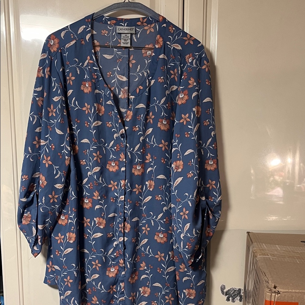 Catherines Blue Floral Button-Front Blouse with Pink Accents